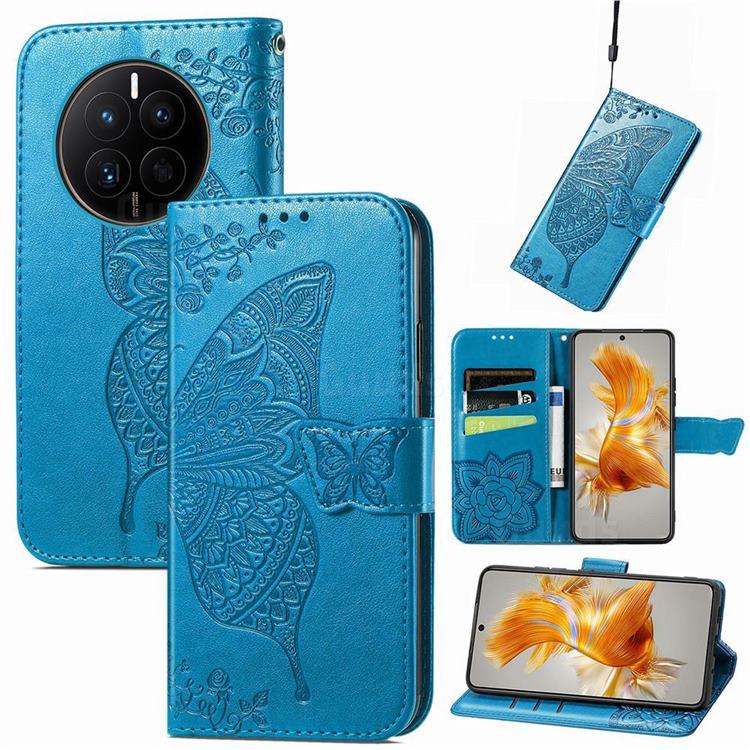 Embossing Mandala Flower Butterfly Leather Wallet Case for Huawei Mate 50 - Blue