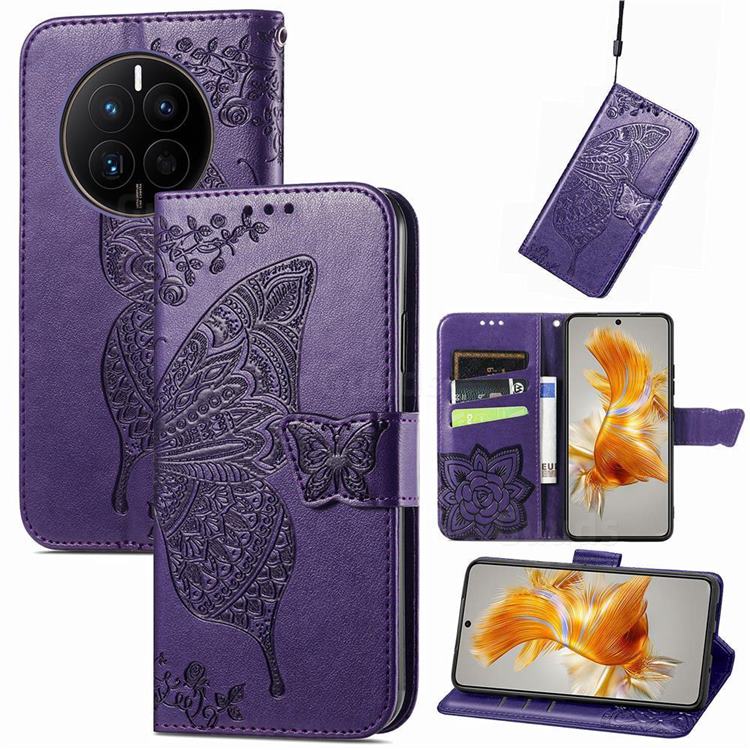 Embossing Mandala Flower Butterfly Leather Wallet Case for Huawei Mate 50 - Dark Purple