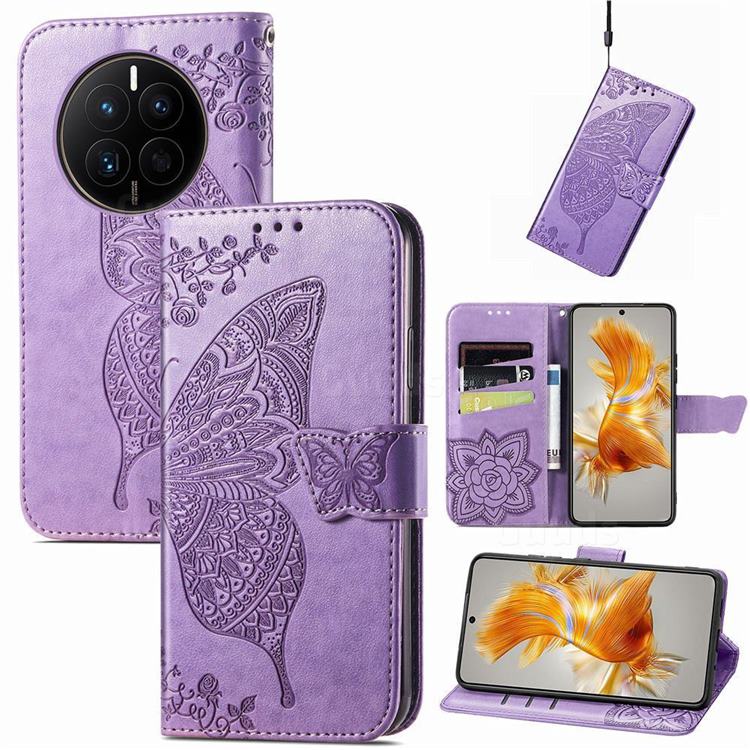 Embossing Mandala Flower Butterfly Leather Wallet Case for Huawei Mate 50 - Light Purple