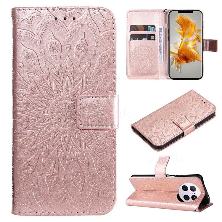 Embossing Sunflower Leather Wallet Case for Huawei Mate 50 Pro - Rose Gold