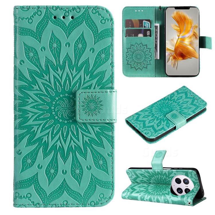 Embossing Sunflower Leather Wallet Case for Huawei Mate 50 Pro - Green