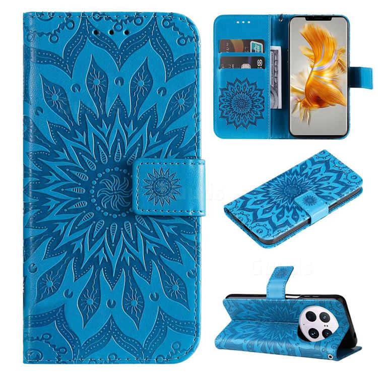Embossing Sunflower Leather Wallet Case for Huawei Mate 50 Pro - Blue