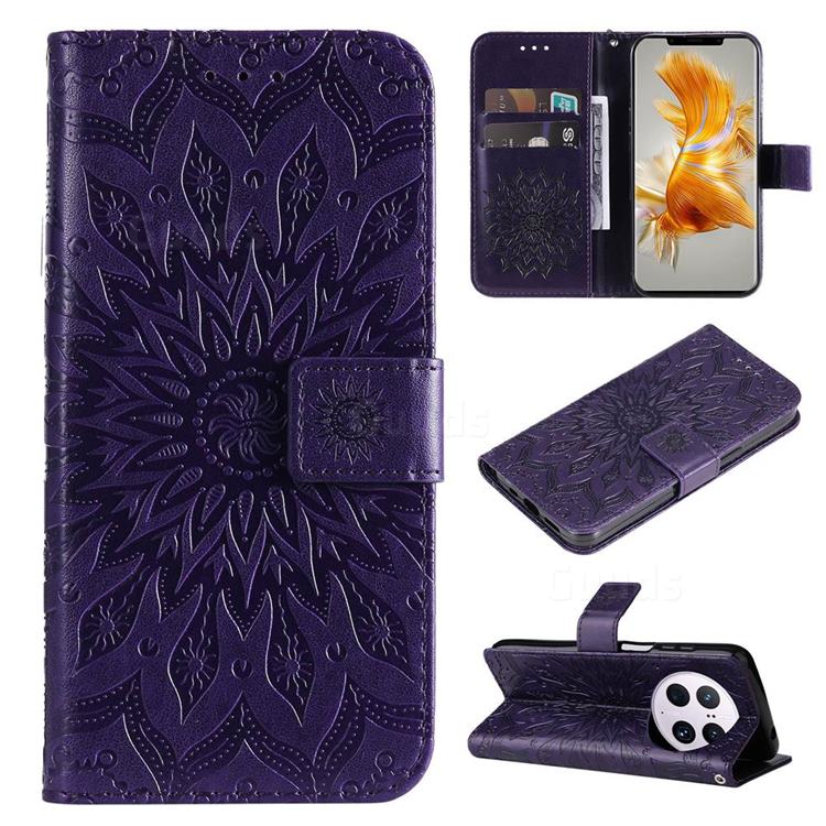 Embossing Sunflower Leather Wallet Case for Huawei Mate 50 Pro - Purple