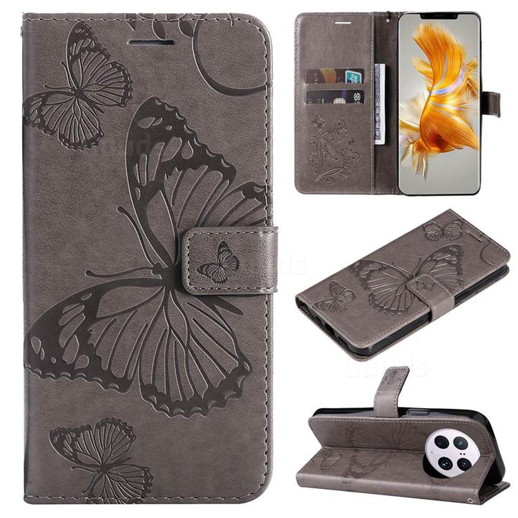 Embossing 3D Butterfly Leather Wallet Case for Huawei Mate 50 Pro - Gray