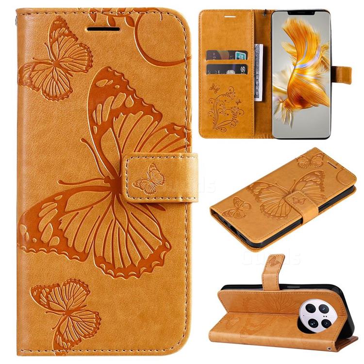Embossing 3D Butterfly Leather Wallet Case for Huawei Mate 50 Pro - Yellow
