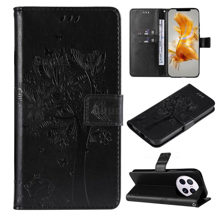 Embossing Butterfly Tree Leather Wallet Case for Huawei Mate 50 Pro - Black