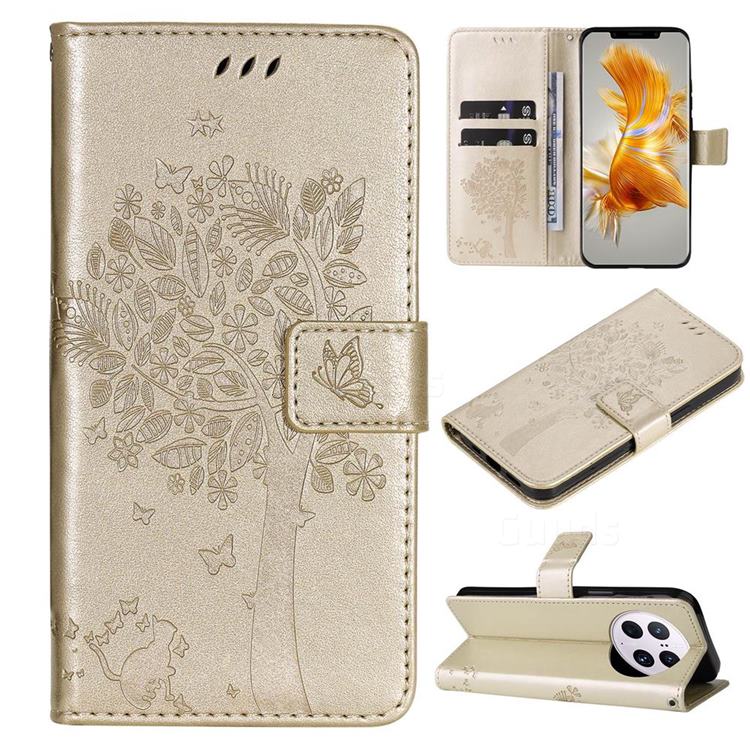Embossing Butterfly Tree Leather Wallet Case for Huawei Mate 50 Pro - Champagne