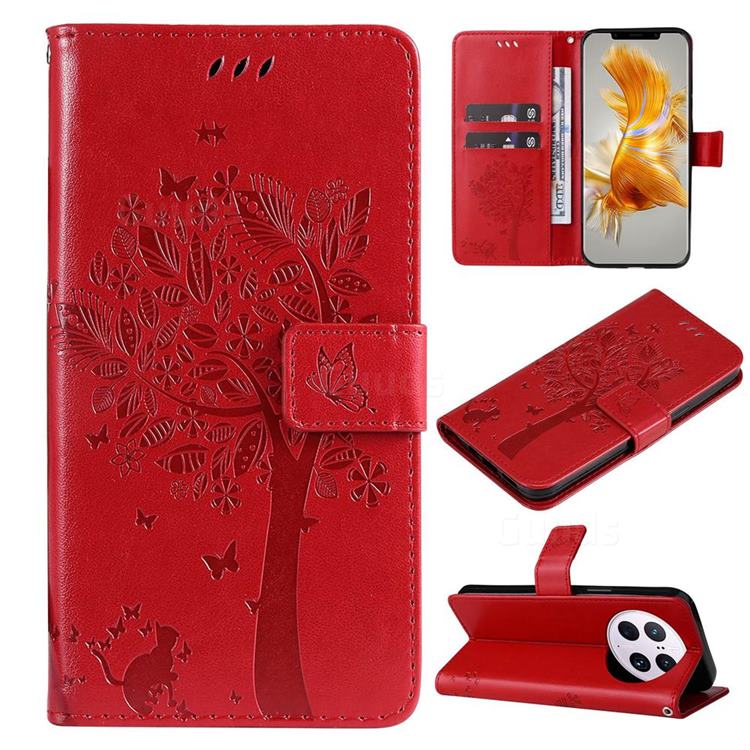 Embossing Butterfly Tree Leather Wallet Case for Huawei Mate 50 Pro - Red
