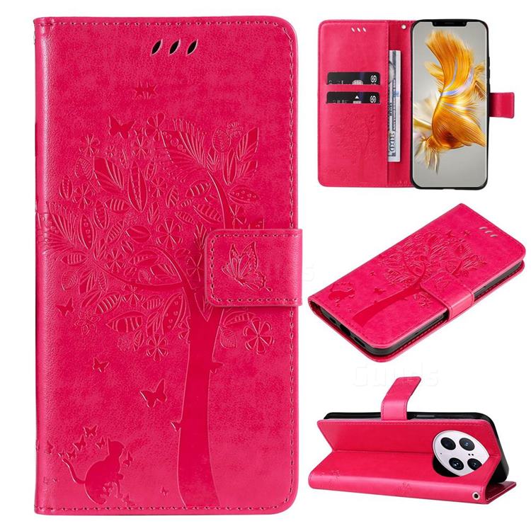 Embossing Butterfly Tree Leather Wallet Case for Huawei Mate 50 Pro - Rose