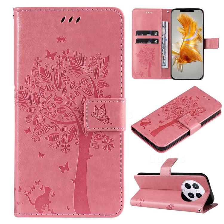 Embossing Butterfly Tree Leather Wallet Case for Huawei Mate 50 Pro - Pink