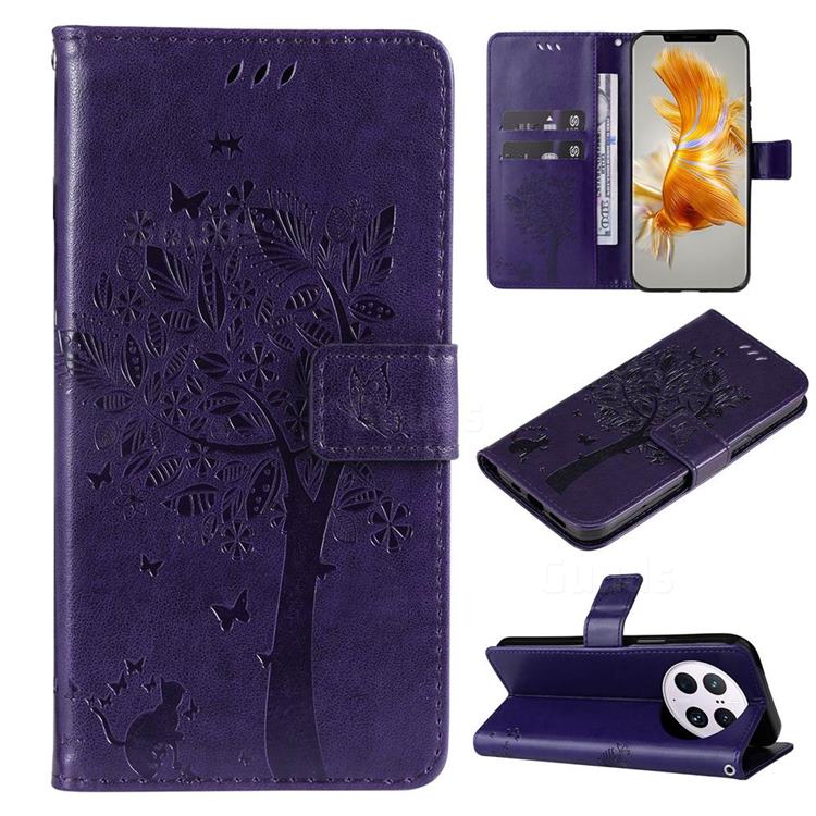 Embossing Butterfly Tree Leather Wallet Case for Huawei Mate 50 Pro - Purple