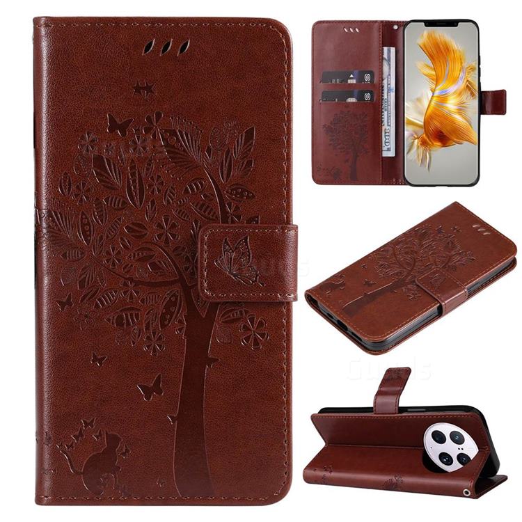Embossing Butterfly Tree Leather Wallet Case for Huawei Mate 50 Pro - Coffee