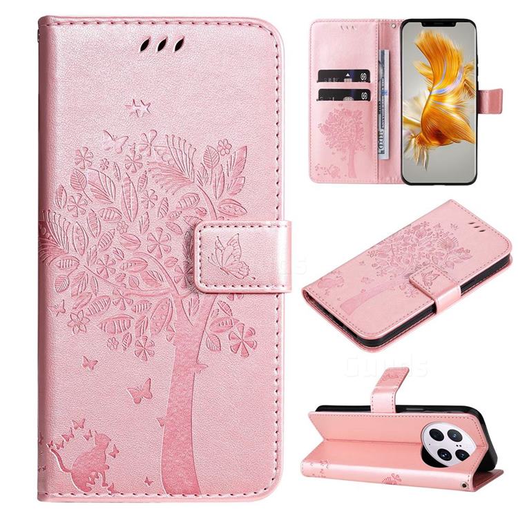 Embossing Butterfly Tree Leather Wallet Case for Huawei Mate 50 Pro - Rose Pink