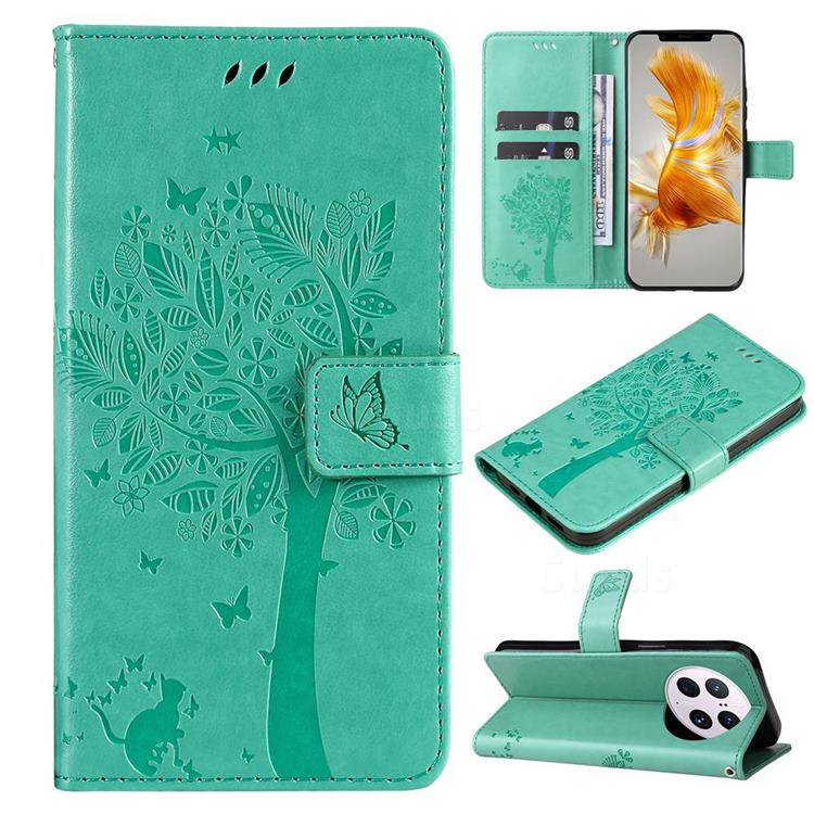 Embossing Butterfly Tree Leather Wallet Case for Huawei Mate 50 Pro - Cyan
