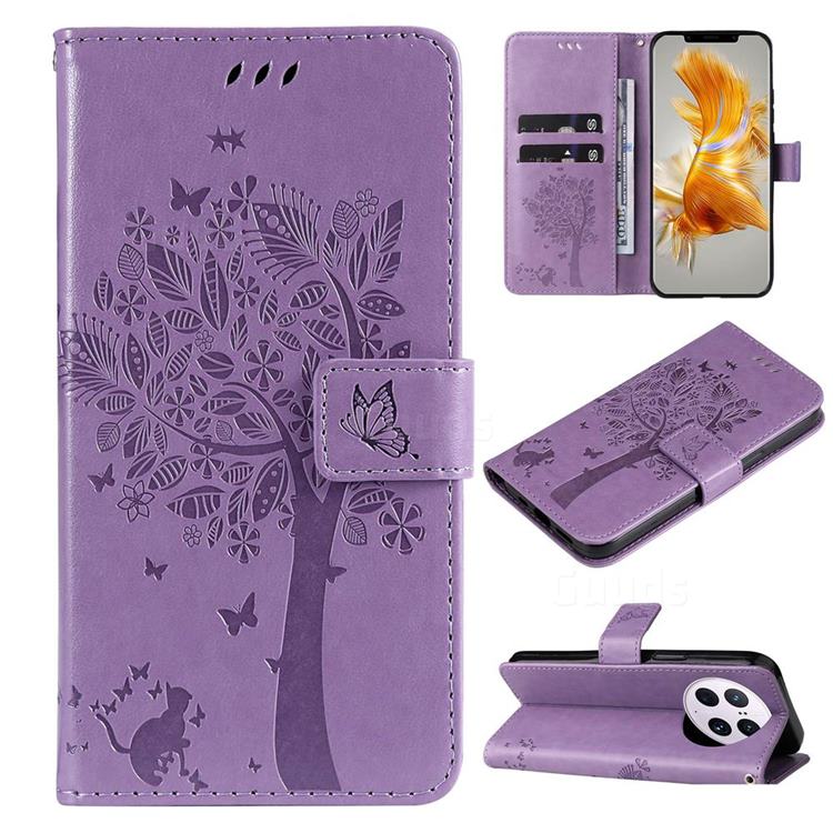 Embossing Butterfly Tree Leather Wallet Case for Huawei Mate 50 Pro - Violet