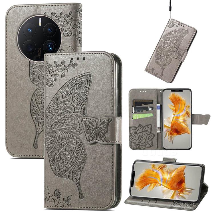 Embossing Mandala Flower Butterfly Leather Wallet Case for Huawei Mate 50 Pro - Gray