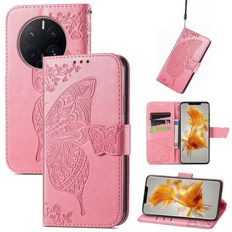 Embossing Mandala Flower Butterfly Leather Wallet Case for Huawei Mate 50 Pro - Pink