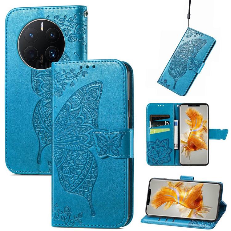 Embossing Mandala Flower Butterfly Leather Wallet Case for Huawei Mate 50 Pro - Blue