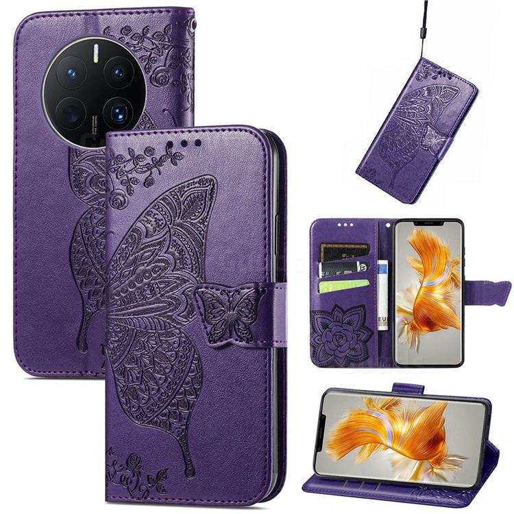 Embossing Mandala Flower Butterfly Leather Wallet Case for Huawei Mate 50 Pro - Dark Purple