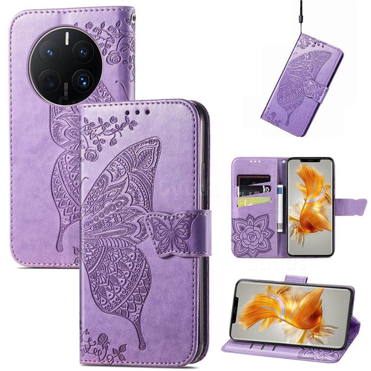 Embossing Mandala Flower Butterfly Leather Wallet Case for Huawei Mate 50 Pro - Light Purple