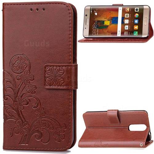 Embossing Imprint Four-Leaf Clover Leather Wallet Case for Huawei Mate 9 Pro 5.5 inch - Brown