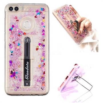 Concealed Ring Holder Stand Glitter Quicksand Dynamic Liquid Phone Case for Huawei P Smart(Enjoy 7S) - Rose
