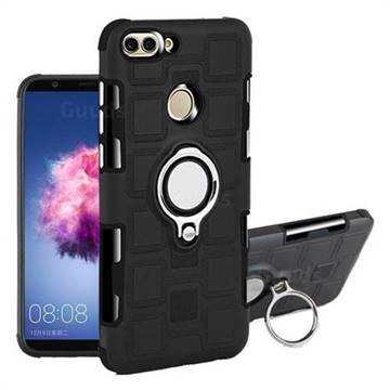 Ice Cube Shockproof PC + Silicon Invisible Ring Holder Phone Case for Huawei P Smart(Enjoy 7S) - Black