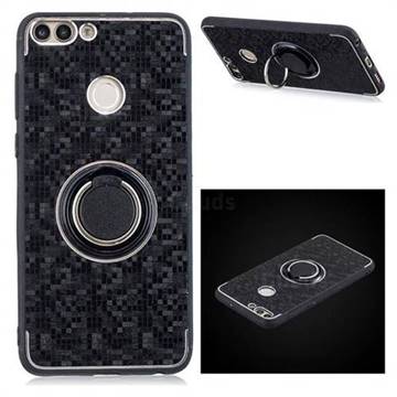 Luxury Mosaic Metal Silicone Invisible Ring Holder Soft Phone Case for Huawei P Smart(Enjoy 7S) - Black