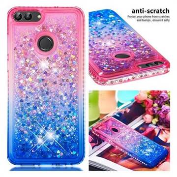 Diamond Frame Liquid Glitter Quicksand Sequins Phone Case for Huawei P Smart(Enjoy 7S) - Pink Blue