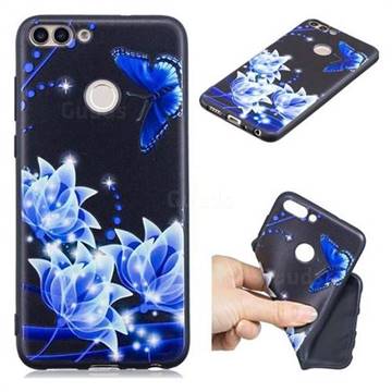 Blue Butterfly 3D Embossed Relief Black TPU Cell Phone Back Cover for Huawei P Smart(Enjoy 7S)