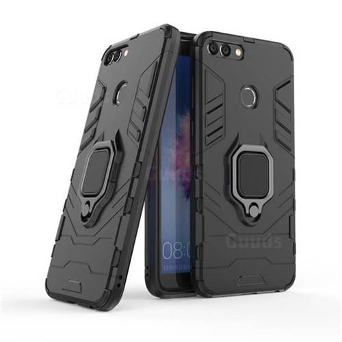 Black Panther Armor Metal Ring Grip Shockproof Dual Layer Rugged Hard Cover for Huawei P Smart(Enjoy 7S) - Black