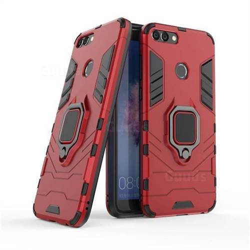 Black Panther Armor Metal Ring Grip Shockproof Dual Layer Rugged Hard Cover for Huawei P Smart(Enjoy 7S) - Red