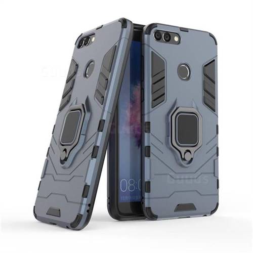Black Panther Armor Metal Ring Grip Shockproof Dual Layer Rugged Hard Cover for Huawei P Smart(Enjoy 7S) - Blue