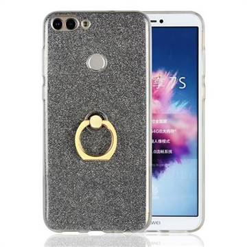 Luxury Soft TPU Glitter Back Ring Cover with 360 Rotate Finger Holder Buckle for Huawei P Smart(Enjoy 7S) - Black