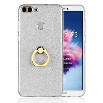 Luxury Soft TPU Glitter Back Ring Cover with 360 Rotate Finger Holder Buckle for Huawei P Smart(Enjoy 7S) - White