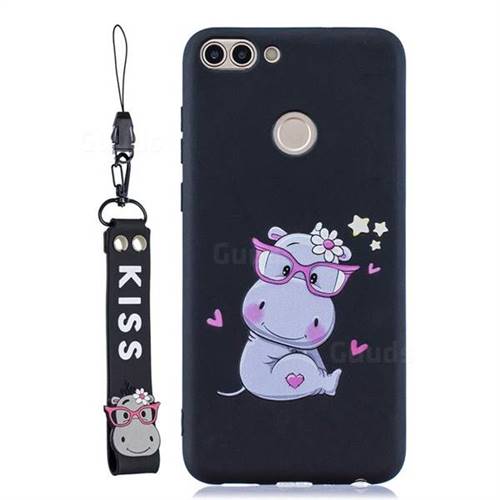 Black Flower Hippo Soft Kiss Candy Hand Strap Silicone Case for Huawei P Smart(Enjoy 7S)