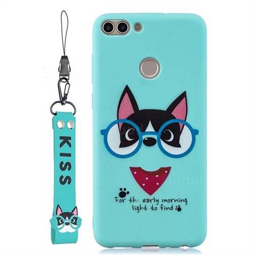 Green Glasses Dog Soft Kiss Candy Hand Strap Silicone Case for Huawei P Smart(Enjoy 7S)