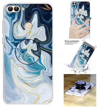 Blue Gold Line Marble Pop Stand Holder Varnish Phone Cover for Huawei P Smart(Enjoy 7S)