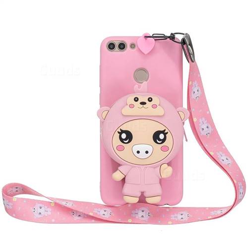 Pink Pig Neck Lanyard Zipper Wallet Silicone Case for Huawei P Smart(Enjoy 7S)