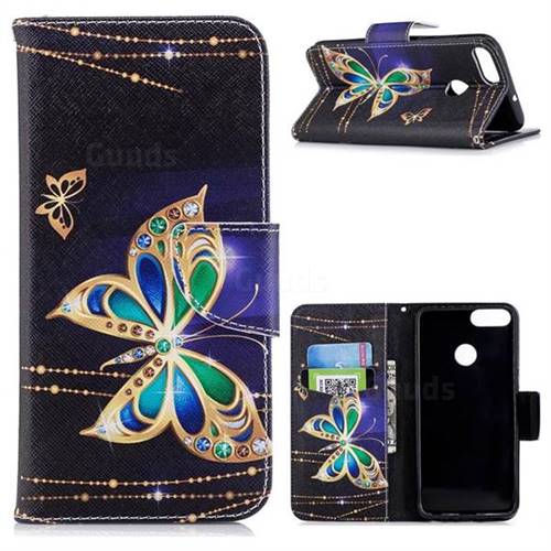 Golden Shining Butterfly Leather Wallet Case for Huawei P Smart(Enjoy 7S)