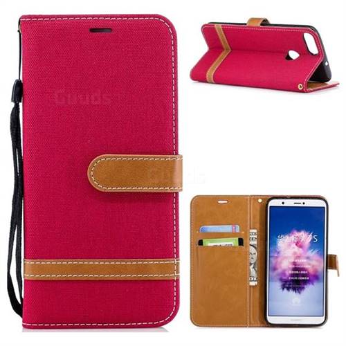 Jeans Cowboy Denim Leather Wallet Case for Huawei P Smart(Enjoy 7S) - Red