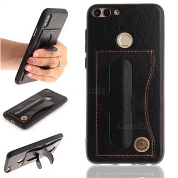 Retro Leather Coated Back Cover with Hidden Kickstand and Card Slot for Huawei P Smart(Enjoy 7S) - Black