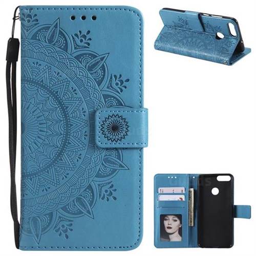 Intricate Embossing Datura Leather Wallet Case for Huawei P Smart(Enjoy 7S) - Blue
