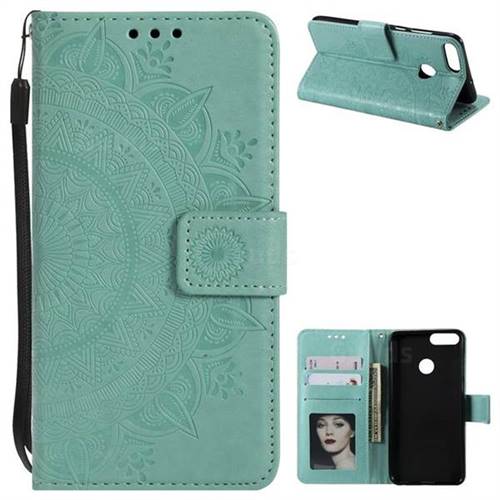 Intricate Embossing Datura Leather Wallet Case for Huawei P Smart(Enjoy 7S) - Mint Green