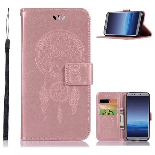 Intricate Embossing Owl Campanula Leather Wallet Case for Huawei P Smart(Enjoy 7S) - Rose Gold
