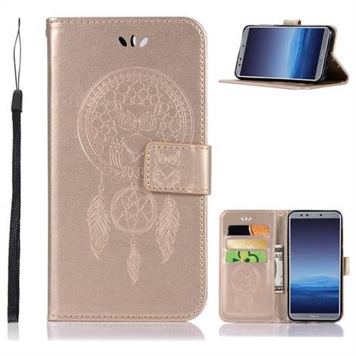 Intricate Embossing Owl Campanula Leather Wallet Case for Huawei P Smart(Enjoy 7S) - Champagne