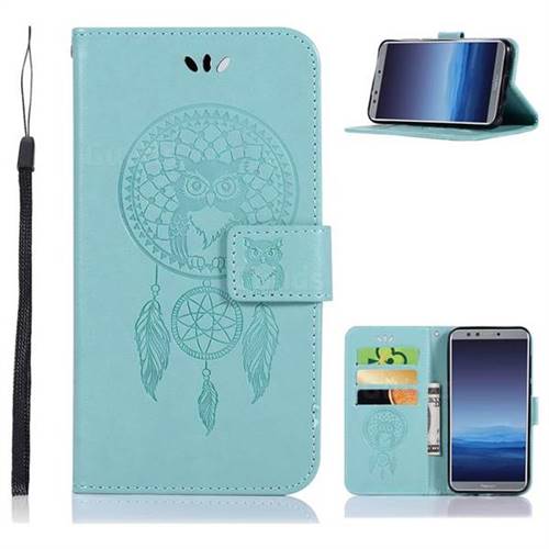 Intricate Embossing Owl Campanula Leather Wallet Case for Huawei P Smart(Enjoy 7S) - Green