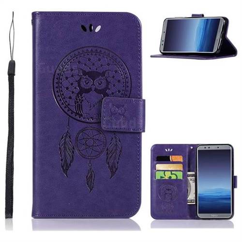 Intricate Embossing Owl Campanula Leather Wallet Case for Huawei P Smart(Enjoy 7S) - Purple
