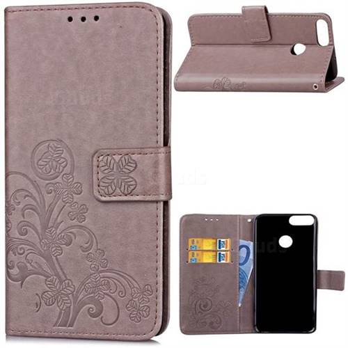 Embossing Imprint Four-Leaf Clover Leather Wallet Case for Huawei P Smart(Enjoy 7S) - Grey