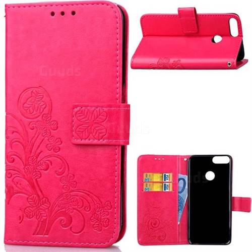 Embossing Imprint Four-Leaf Clover Leather Wallet Case for Huawei P Smart(Enjoy 7S) - Rose